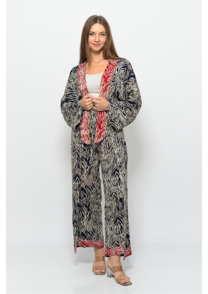 Desenli Pareo Pantolon & Crop Kimono Lacivert Krem