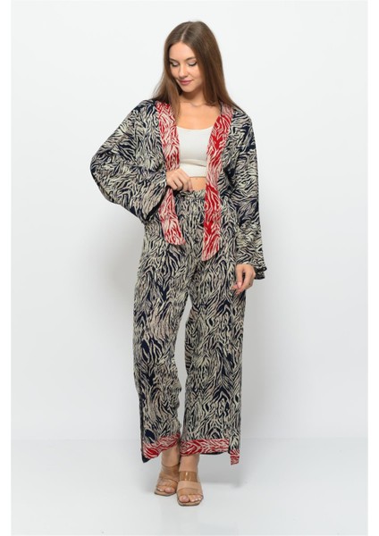 Desenli Pareo Pantolon & Crop Kimono Lacivert Krem