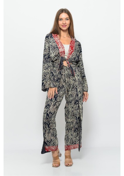 Desenli Pareo Pantolon & Crop Kimono Lacivert Krem