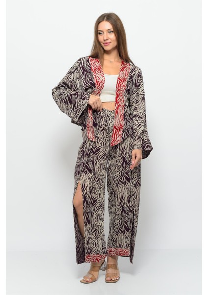 Desenli Pareo Pantolon & Crop Kimono Bordo Krem