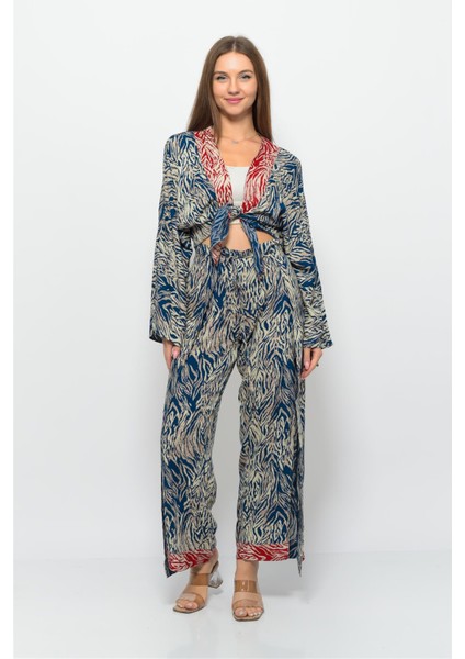 Desenli Pareo Pantolon & Crop Kimono Mavi Krem