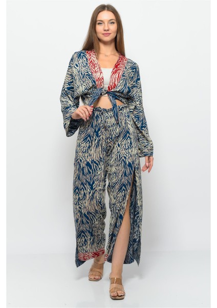 Desenli Pareo Pantolon & Crop Kimono Mavi Krem