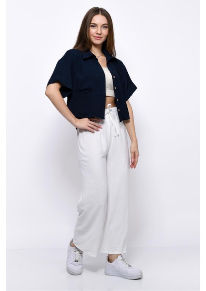 Aerobin Crop Gömlek Beli Lastikli Pantolon 2li Takım Beyaz