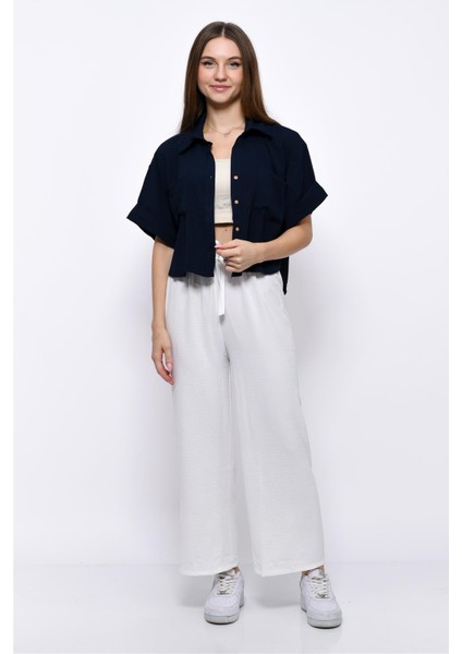 Aerobin Crop Gömlek Beli Lastikli Pantolon 2li Takım Beyaz fiyatları