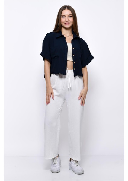 Aerobin Crop Gömlek Beli Lastikli Pantolon 2li Takım Beyaz modelleri