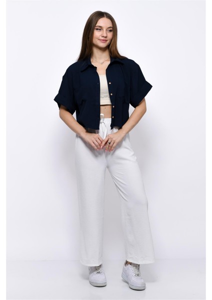 Aerobin Crop Gömlek Beli Lastikli Pantolon 2li Takım Beyaz fırsatları
