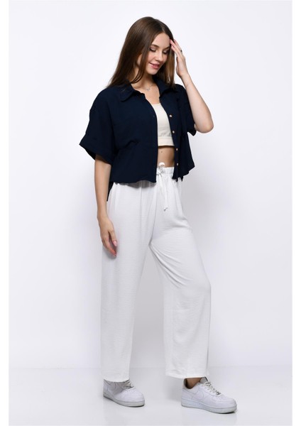 Aerobin Crop Gömlek Beli Lastikli Pantolon 2li Takım Beyaz indirimleri