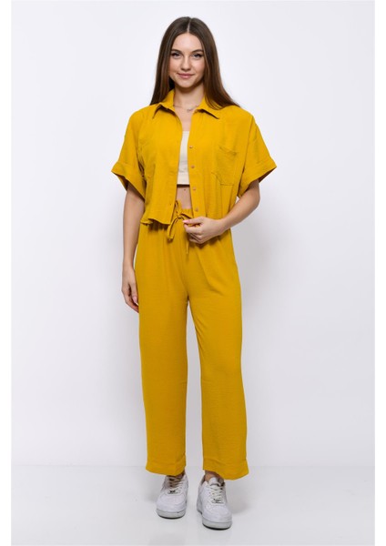 Aerobin Crop Gömlek Beli Lastikli Pantolon 2li Takım Sarı