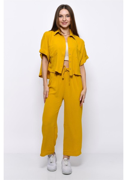Aerobin Crop Gömlek Beli Lastikli Pantolon 2li Takım Sarı