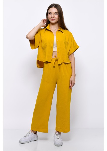 Aerobin Crop Gömlek Beli Lastikli Pantolon 2li Takım Sarı