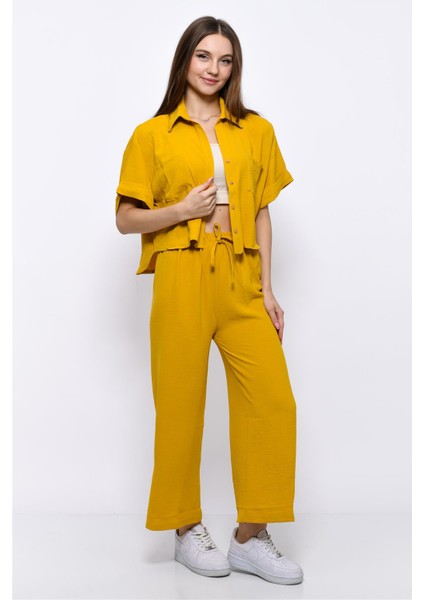 Aerobin Crop Gömlek Beli Lastikli Pantolon 2li Takım Sarı