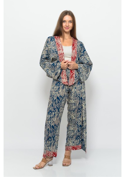 Desenli Pareo Pantolon & Crop Kimono Mavi Krem indirimleri