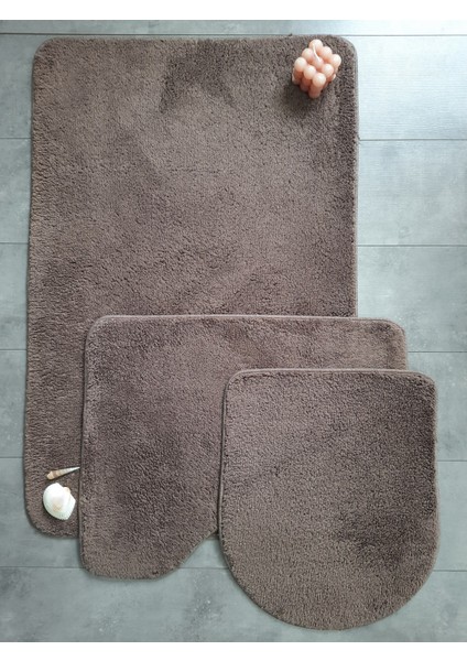 Ultrasoft Düz Kapuçino 3’lü Banyo Halısı Paspası Seti Kaymaz Deri Tabanlı Yıkanabilir Klozet Takımı