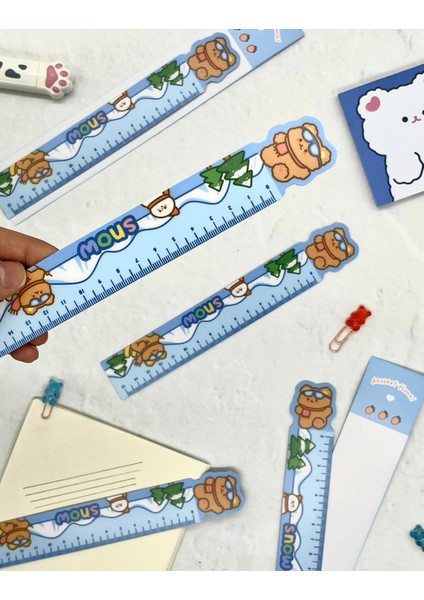 Sevimli Kayakçı Ayıcık Desenli Mavi Mıknatıslı Kitap Ayracı ve Cetvel / Yer Imi
