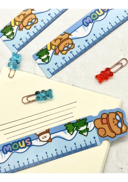 Sevimli Kayakçı Ayıcık Desenli Mavi Mıknatıslı Kitap Ayracı ve Cetvel / Yer Imi modelleri