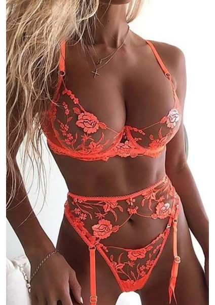 Kadın Jartiyerli Sütyen Külot Iç Çamaşır Takımı Turuncu