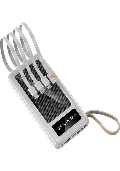 10.000 Mah Güneş Enerjli Solar Powerbank LED Fenerli 2xusb, Lcd, Usb, Mikro, Lightning, Type-C