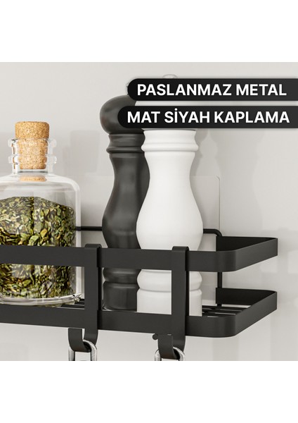 Mutfak Rafı 2'li Set Yapışkanlı Lüks Modern Siyah Metal Baharatlık Rafı Organizer Düzenleyici