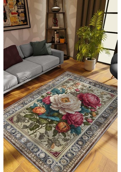Art Deco Şakayık Çiçeği Vintage Halı Görünümlü Dijital Baskı Renkli Halı Rustik Çiçek Halı