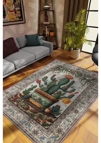 Art Deco Kaktüs Vintage Halı Görünümlü Dijital Baskı Renkli Halı,Rustik Çiçekli Halı