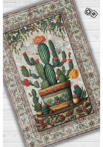 Art Deco Kaktüs Vintage Halı Görünümlü Dijital Baskı Renkli Halı,Rustik Çiçekli Halı