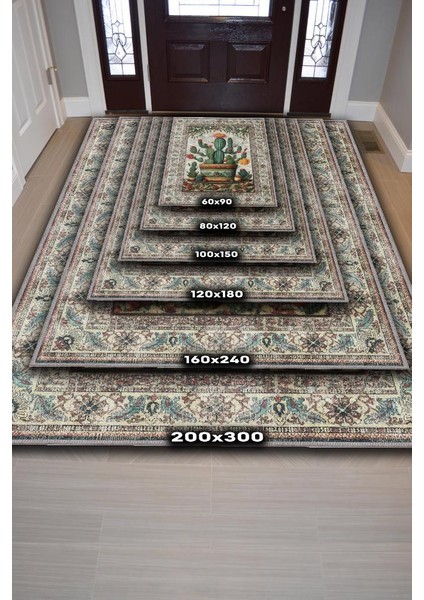 Art Deco Kaktüs Vintage Halı Görünümlü Dijital Baskı Renkli Halı,Rustik Çiçekli Halı