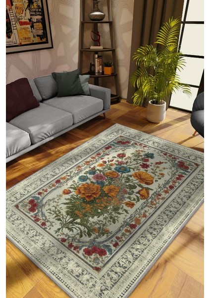 Art Deco Kır Çiçeği Vintage Halı Görünümlü Dijital Baskı Renkli Halı Rustik Çiçekli Halı