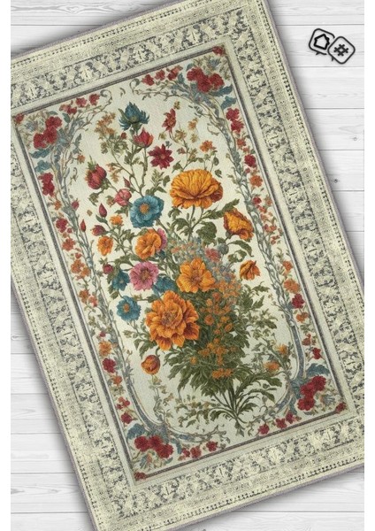Art Deco Kır Çiçeği Vintage Halı Görünümlü Dijital Baskı Renkli Halı Rustik Çiçekli Halı