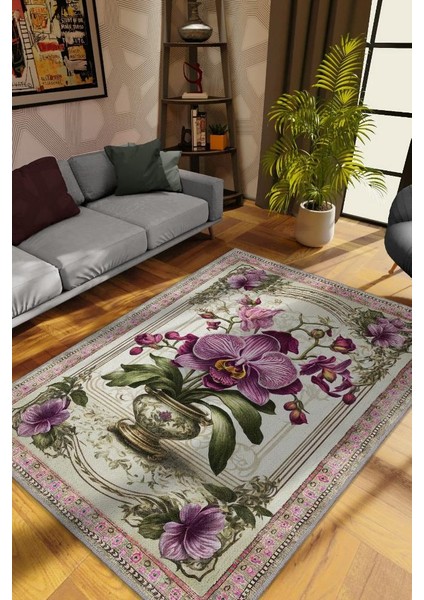Art Deco Orkide Çiçeği Vintage Halı Görünümlü Dijital Baskı Renkli Halı,Rustik Çiçekli Halı