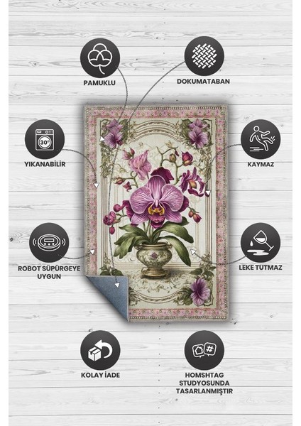 Art Deco Orkide Çiçeği Vintage Halı Görünümlü Dijital Baskı Renkli Halı,Rustik Çiçekli Halı