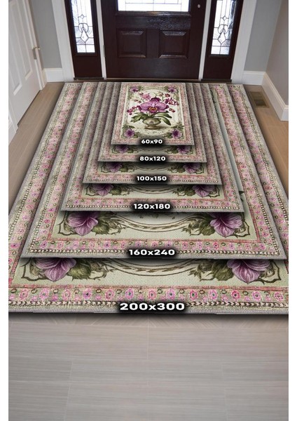 Art Deco Orkide Çiçeği Vintage Halı Görünümlü Dijital Baskı Renkli Halı,Rustik Çiçekli Halı