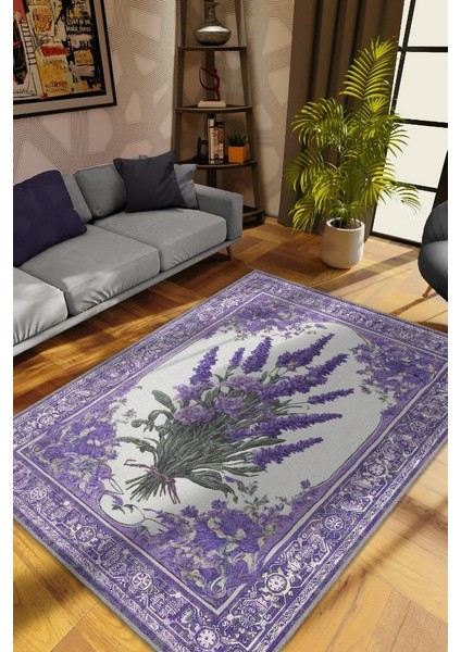 Art Deco Lavanta Çiçeği Vintage Halı Görünümlü Dijital Baskı Mor Halı,Rustik Çiçekli Halı