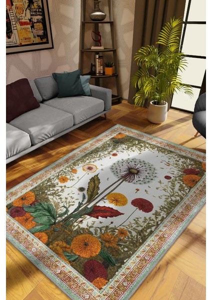 Art Deco Karahindiba Vintage Halı Görünümlü Dijital Baskı Renkli Halı,Rustik Çiçekli Halı