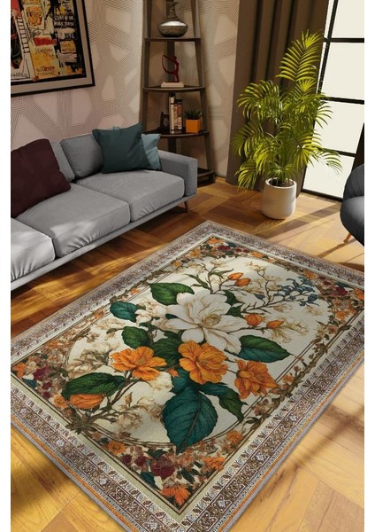 Art Deco Yasemin Çiçeği Vintage Halı Görünümlü Dijital Baskı Renkli Halı,Rustik Çiçek Halı