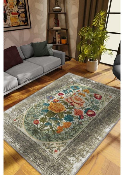 Art Deco Bahar Çiçeği Vintage Halı Görünümlü Dijital Baskı Renkli Halı,Rustik Çiçekli Halı