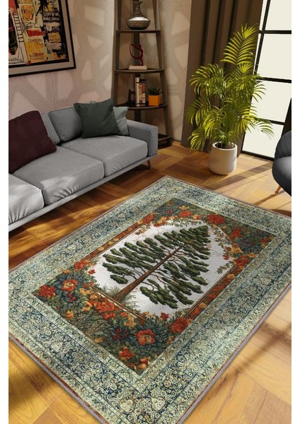 Art Deco Çam Ağacı Vintage Halı Görünümlü Dijital Baskı Renkli Halı,Rustik Çiçekli Halı