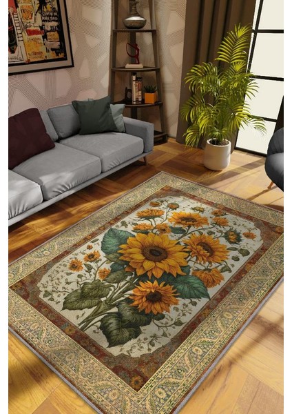 Art Deco Ay Çiçeği Vintage Halı Görünümlü Dijital Baskı Çok Renkli Halı,Rustik Çiçekli Halı