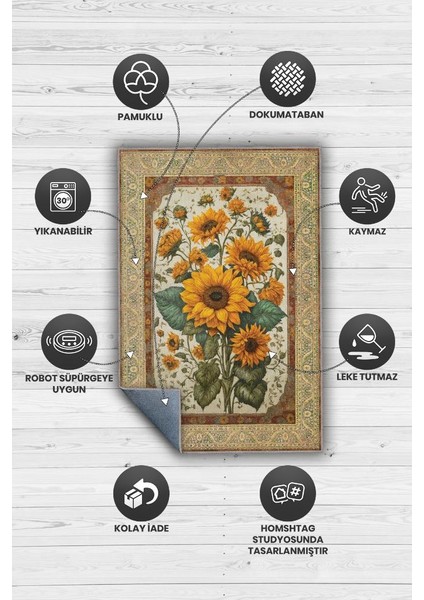 Art Deco Ay Çiçeği Vintage Halı Görünümlü Dijital Baskı Çok Renkli Halı,Rustik Çiçekli Halı fırsatları