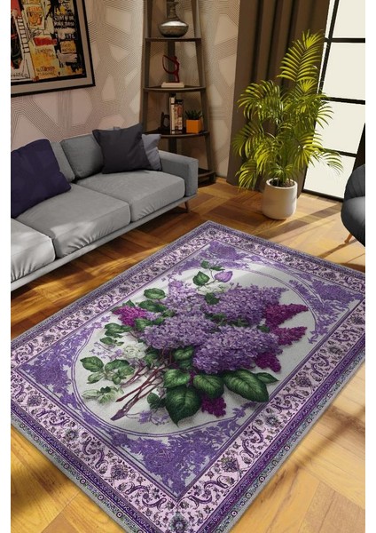 Art Deco Leylak Çiçeği Vintage Halı Görünümlü Dijital Baskı Mor Halı,Rustik Çiçekli Halı