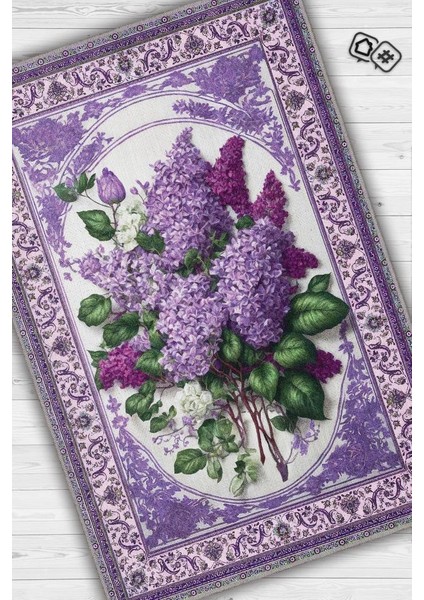 Art Deco Leylak Çiçeği Vintage Halı Görünümlü Dijital Baskı Mor Halı,Rustik Çiçekli Halı