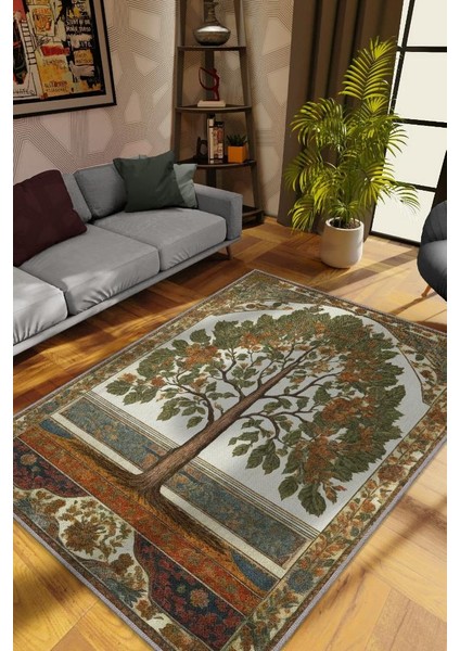 Art Deco Kavak Ağacı Vintage Halı Görünümlü Dijital Baskı Renkli Halı,Rustik Çiçekli Halı