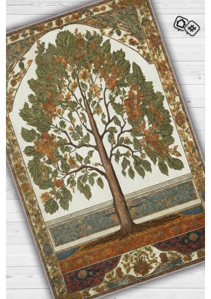 Art Deco Kavak Ağacı Vintage Halı Görünümlü Dijital Baskı Renkli Halı,Rustik Çiçekli Halı
