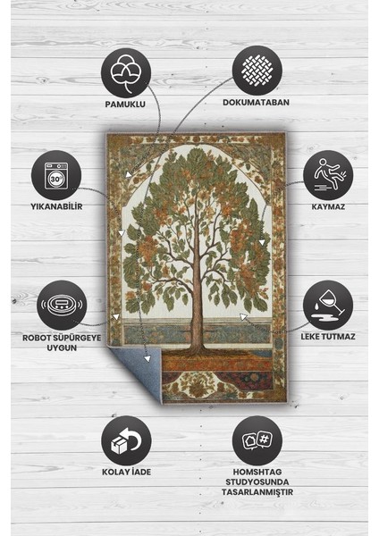 Art Deco Kavak Ağacı Vintage Halı Görünümlü Dijital Baskı Renkli Halı,Rustik Çiçekli Halı