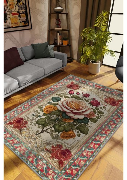 Art Deco Gül Çiçeği Vintage Halı Görünümlü Dijital Baskı Renkli Halı,Rustik Çiçekli Halı
