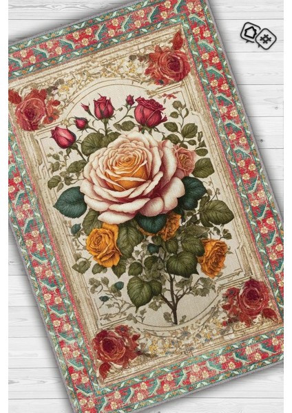 Art Deco Gül Çiçeği Vintage Halı Görünümlü Dijital Baskı Renkli Halı,Rustik Çiçekli Halı
