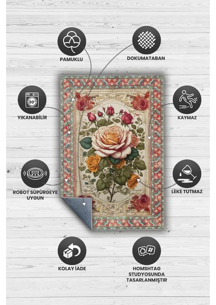 Art Deco Gül Çiçeği Vintage Halı Görünümlü Dijital Baskı Renkli Halı,Rustik Çiçekli Halı