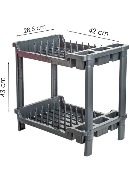 332 Plastik Bulaşık Sepeti - Kaşıklık Bölmeli Tezgah Üstü 2 Katlı Gri