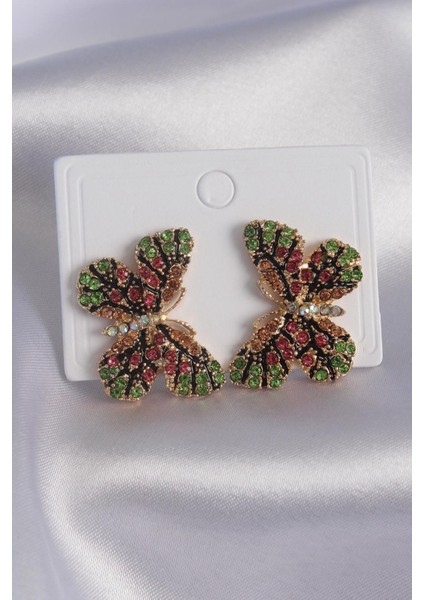 E-Bijuteri Gold Renk Zirkon Taşlı Kelebek Model Pirinç Kadın Küpe