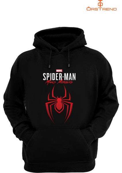 Spiderman Miles Morales Baskılı 3 Iplik Unisex Siyah Kapişonlu Sweatshirt