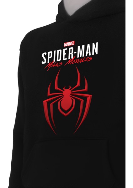 Spiderman Miles Morales Baskılı 3 Iplik Unisex Siyah Kapişonlu Sweatshirt modelleri